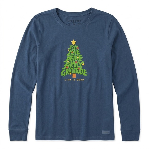 Life Is Good Tops - Life is Good Womens Crusher Long Sleeve Christmas Tree Graphic Tee Blue Medium